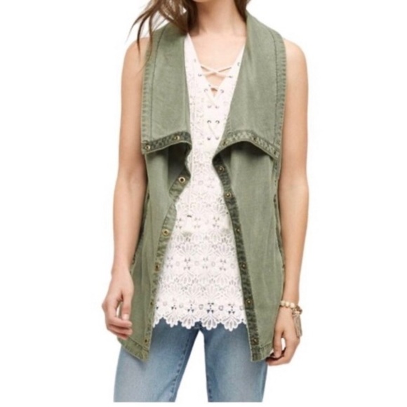 Anthropologie Marrakech Tombolo Utility Vest Size L Army Green Pockets Snap Up - Picture 2 of 9